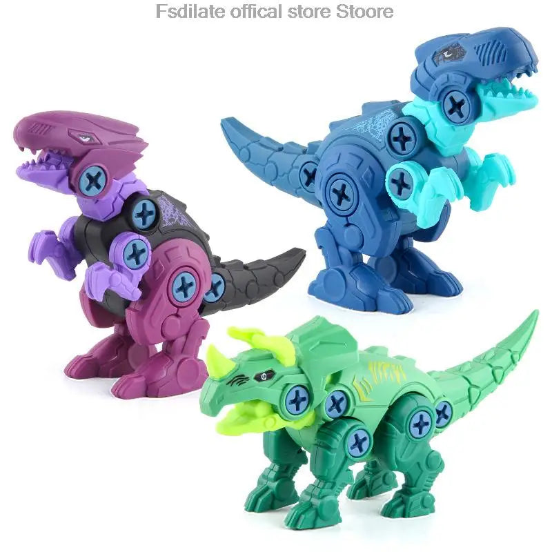 Three assembled dinosaur construction toys