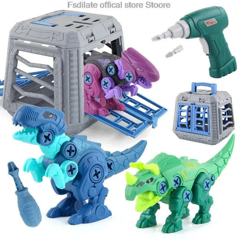 Kids dinosaur toy set packed in carry cage with drill
